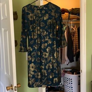 Fall dress, navy with gold leafing 3/4 sleeve